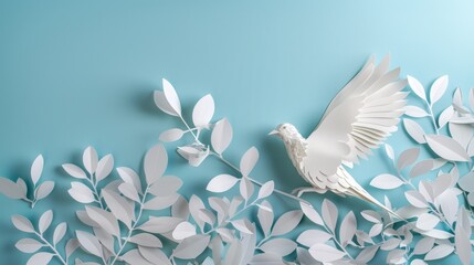 Obraz premium .Paper art of a dove bird flying with an olive branch on a blue background, - ai