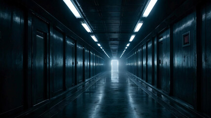 Fototapeta premium Explore a dark, futuristic corridor bathed in eerie neon lights, creating an atmosphere of suspense and mystery. Perfect for sci-fi or dystopian themes.