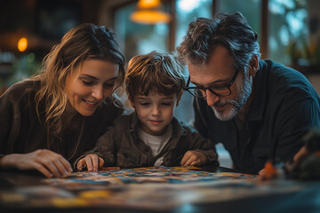A family spending quality time together in a cozy living room, gathered around the TV or playing a board game, enjoying a warm and relaxing evening.
