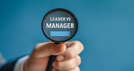 Leadership vs management concept: A hand holds a magnifying glass with the text "Leader vs Manager," symbolizing the comparison between leadership and managerial roles.