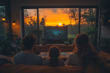 A family spending quality time together in a cozy living room, gathered around the TV or playing a board game, enjoying a warm and relaxing evening.
