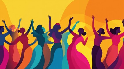 Fototapeta premium Colorful silhouettes of women dancing joyfully against a vibrant background, AI
