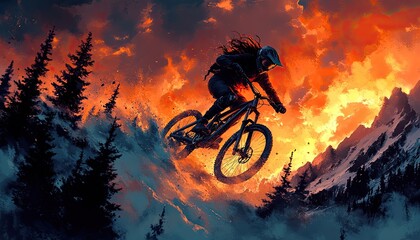 A mountain biker rides through an orange sky. This image is perfect for illustrating articles about mountain biking and outdoor adventure.