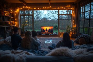 Fototapeta premium A family spending quality time together in a cozy living room, gathered around the TV or playing a board game, enjoying a warm and relaxing evening. 