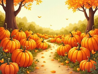 Whimsical Thanksgiving Pumpkin Patch Illustration: Storybook-Inspired Watercolor Scene with Vibrant Autumn Colors. Charming Pathway Through Diverse Pumpkins and Fall Foliage with Magical Morning Dew