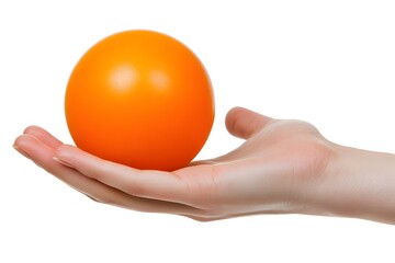 A simple stress ball in hand against a white background with copyspace. Soft shadows.