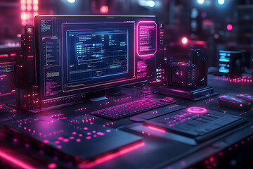 Fototapeta premium Futuristic scene featuring artificial intelligence, robot assistant, and smart devices in a modern high-tech environment, highlighting advanced AI technology and innovation. 