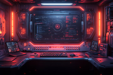 Obraz premium Futuristic scene featuring artificial intelligence, robot assistant, and smart devices in a modern high-tech environment, highlighting advanced AI technology and innovation. 