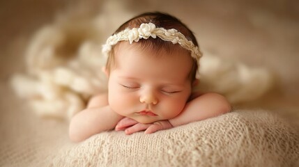 Newborn baby in soft focus, cozy blanket, warm lighting, peaceful expression 