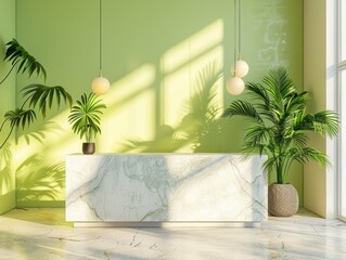 Modern minimalist reception area with a marble desk, beige walls, and a green wall. - ai