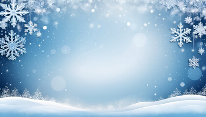 Winter Wonderland - White and icy blue decor with snowflakes and twinkling lights for merry christmas celebration theme. Panoramic banner with place for text