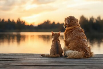 Adorable cat and dog sitting together on an old wooden dock by the lake