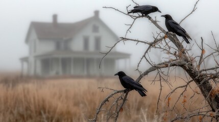 Cursed manor - decaying house lost in thick mist, crows perched ominously on rooftop, capturing unsettling stillness, eerie isolation of a forgotten past within abandoned, ghostly structure.