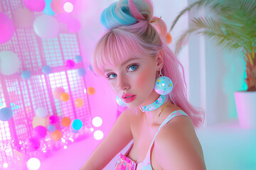 Fototapeta premium Vibrant vaporwave kawaii portrait of a woman