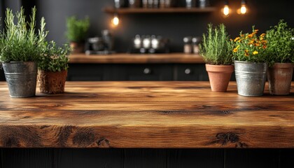 Rustic wooden table with plants. Great for showcasing food, drinks, or products.