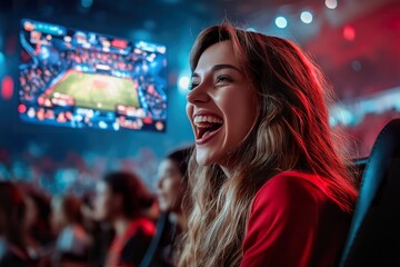 Friends enjoying a lively futuristic sports event in a packed arena