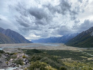 Panoramic hill top views of Tasman river from Tasman glacier viewpoint. Landscape in the mountains