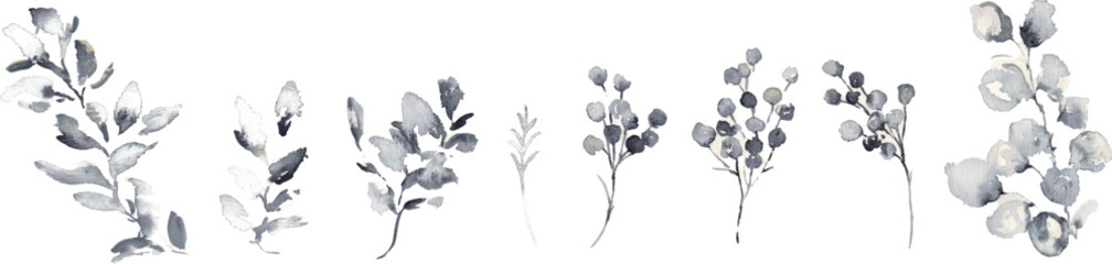 水彩画。水彩タッチの手描きの草木。ホテルライクイメージのモノクロ草木イラスト。グレージュの葉っぱイラスト。ハーブ。高級感。Watercolor painting. Hand painted plants and trees with watercolor touch. Monochrome grass and trees illustration with hotel-like image. Gl