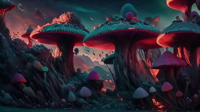Magic mushroom in the forest psychedelic colorful vibrant glowing morphing animation