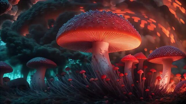 Mushroom in the forest psychedelic colorful vibrant glowing morphing animation