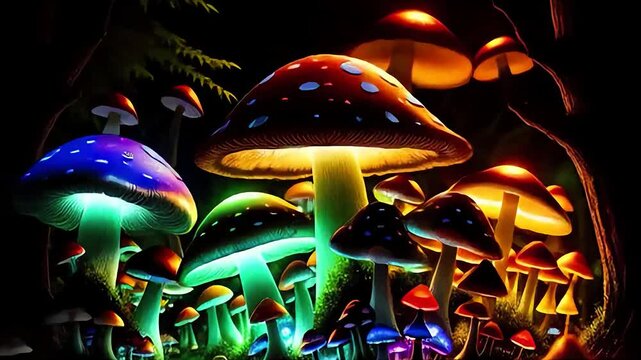 Mushroom in the forest psychedelic vibrant morphing glowing colorful 