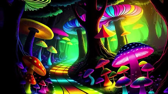 Mushroom psychedelic forest colorful vibrant glowing artistic animation morphing