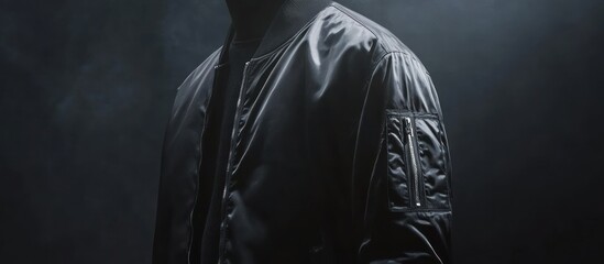 Luxury bomber jacket in charcoal gray, satin finish, oversized fit, subtle sheen, minimalist streetwear, dramatic spotlight, dark backdrop 