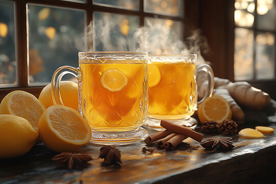 Warm honey sbiten and ginger lemonade in glass mugs with winter spices like cinnamon and cloves, creating a cozy, rustic atmosphere with steam rising.
