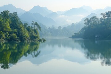 Tranquil lake reflecting misty mountains. Ideal for peaceful or nature-themed projects.