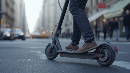 Obraz premium Detailed view of a man's legs and feet riding an electric scooter, with focus on the footboard and wheels against a blurred cityscape