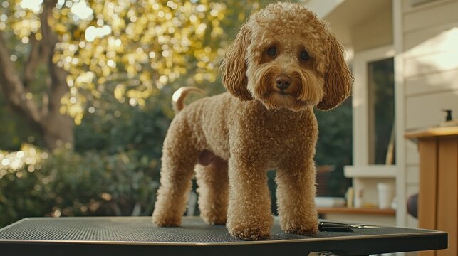 Dog calmly stands on table as groomer trims fur with scissors, capturing precise work and a tidy grooming station in soft, natural light