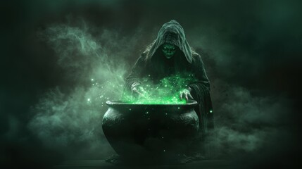 A witch is making potion behind a Cauldron. Creepy. Witchcraft. Halloween.