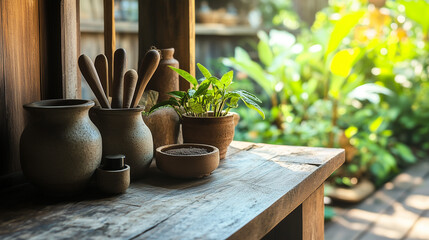 Vintage Wooden and Clay Vases in Garden House