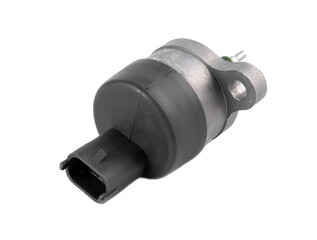 New rail fuel pressure sensor on white background close up