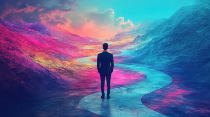 Obraz premium Entrepreneur standing in vibrant digital landscape of options and paths, concept of navigating creative choices in business mindset