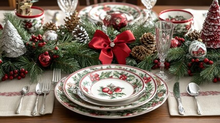 Festive Christmas spread with plates, silver cutlery, pine cones, greenery, and red ribbons, arranged elegantly for holiday celebrations