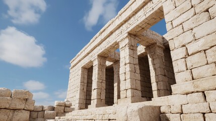 Ancient stone temple ruins with pillars against a bright blue sky.