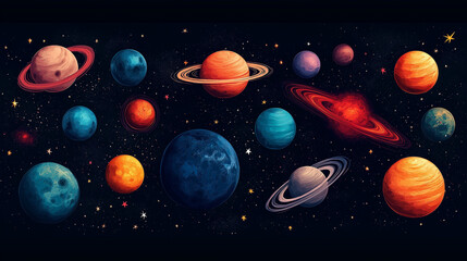 A vibrant game scene poster set in the vastness of space, showcasing a multitude of planets, each uniquely designed with intricate details.