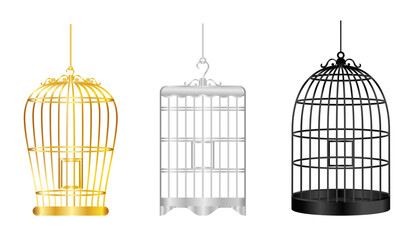 Set illustration of three intricately designed bird cages in gold, silver, and black. Each cage has a distinct style, perfect for use in wedding decor, home interiors, or vintage-themed events.