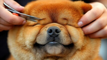 Groomer trimming fur around dog's face with scissors, highlighting precision and dog's relaxed expression in a welcoming salon