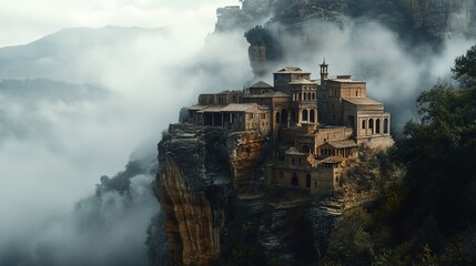 Fototapeta premium A medieval village perched atop a cliff, shrouded in mist.