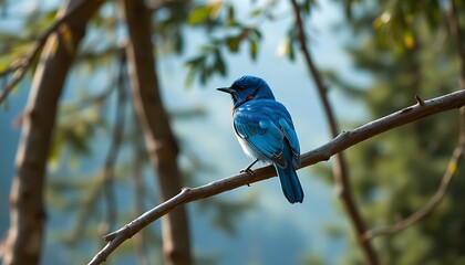 A vibrant blue bird with red markings perches on a branch, its head turned to the side as it gazes out at the lush green foliage.