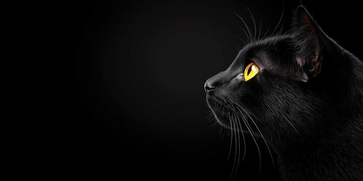 Close-up of majestic black cat profile with striking yellow eyes highlighting elegance and mystery set against a solid black background using smooth textures and soft lighting