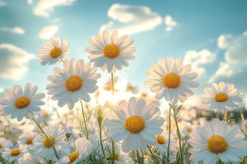 White daisies in field against blue sky. Perfect for backgrounds and designs showcasing purity, innocence, and joy.