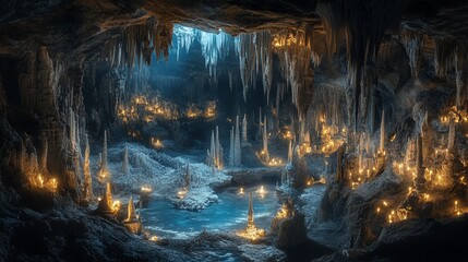 A mystical cave illuminated by flickering candles, with stalactites and stalagmites lining the walls, and a shimmering pool of water at its center.