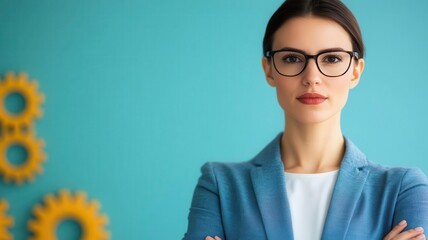 Businesswoman with gears turning steadily in background, symbolizing the disciplined, resilient approach to business
