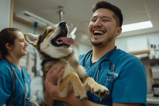 A veterinarian in blue scrubs joyfully lifts a golden retriever in a well-lit clinic, filled with warmth and professionalism.