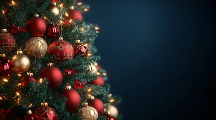 Fototapeta premium A close-up of a festive Christmas tree with red and gold ornaments, perfect for holiday decor, cards, or seasonal promotions, radiating warmth and cheer.