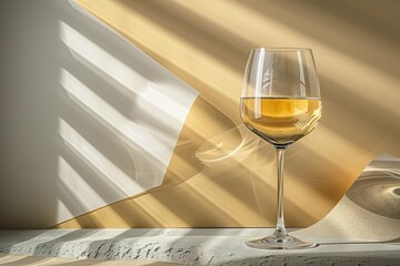 A glass of wine is sitting on a table in front of a window