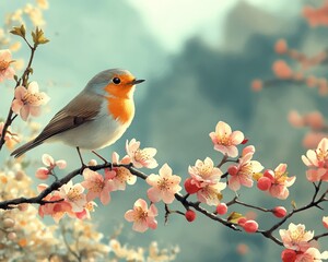 Fototapeta premium Robin perched on cherry blossom branch. A beautiful, artistic image of a robin resting on a flowering branch, perfect for spring themes.